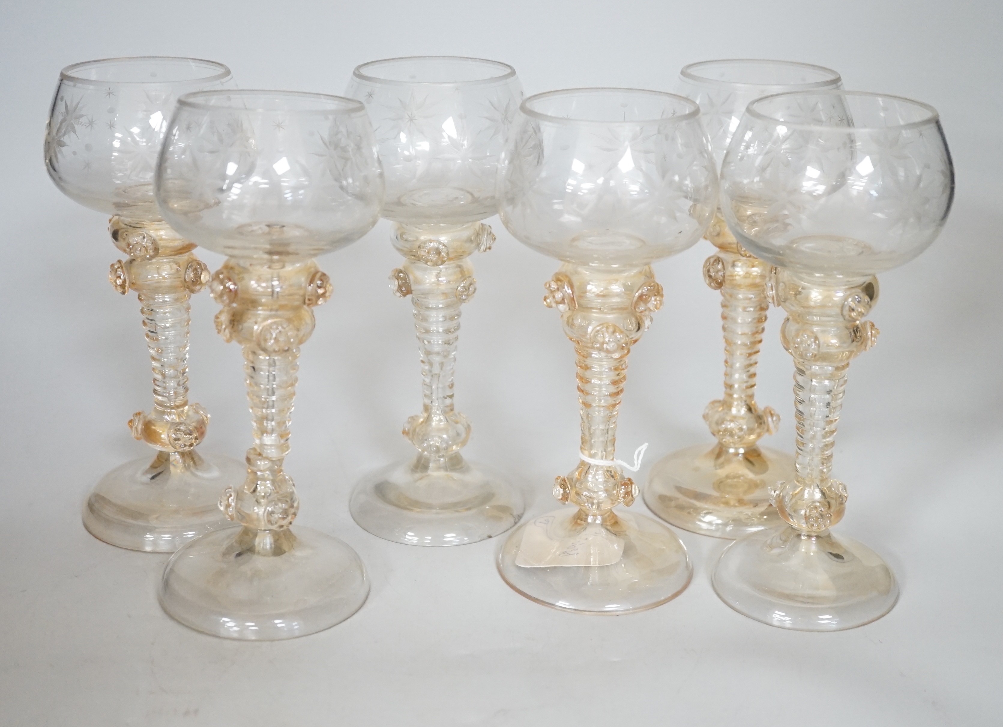 A set of six Venetian stemmed hock glasses. 17.5cm tall